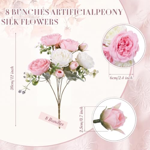 Geosar 8 Bundles Artificial Peonies Flowers,White and Pink - Image 2