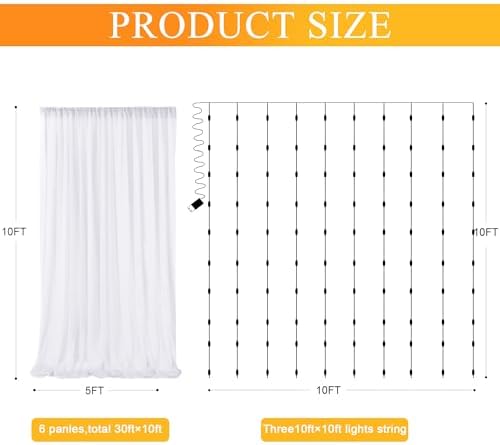 Tulle Backdrop Curtains with Lights Sheer White Curtain Backdrop 30x10ft - Image 2