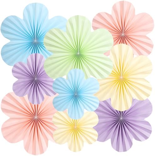 SUNBEAUTY Pastel Paper Flowers Decorations for Wall, Hanging Paper Fans Paper Floral Backdrop Decor Paper Fans Decoration Mothers Day Birthday Wedding Baby Shower, Set of 9 by SUNBEAUTY