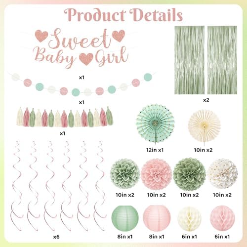 Sage Green and Pink Baby Shower Decorations with Banner Fringe Curtains - Image 2