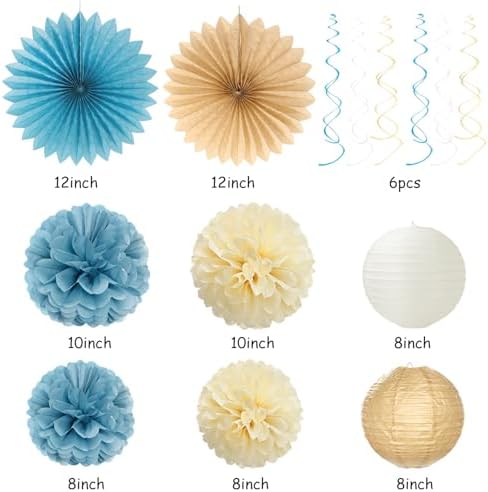 Light-Dusty Blue 18th Happy-Birthday Party-Decorations - 31pcs Women Girls Paper Lanterns Streamers Banner,Tissue Pom Poms Fans Tassels Graland Decor,Beige Champagne Wall Backdrop Supplies Hugmoon - Image 4