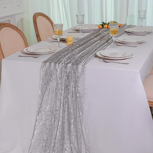 Snowkingdom Silver Gray Table Runner 10FT, Sheer Sparkly Shiny Glitter Sparkle Cheesecloth Tulle Elegant Centerpiece Modern Dining Decor for Wedding Party Bridal Shower Birthday Christmas New Year - Image 5