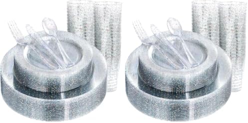 Rubtlamp 180PCS Glitter Plastic Plates with Glitter Disposable Silverware, Clear Glitter Plates for 30 Guests Include 30Dinner Platos, 30Dessert Platos, 90Cutlerys, 30Cups for Party (Pack of 2) by Rubtlamp