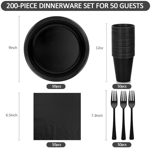 200pcs Black Plastic Party Plates Set, Disposable Black Plates and Napkins for Party, 50 Of Each 9" Dinner Plate, Napkins, Cups & Cutlery Plastic Dinnerware for Retirement, Graduation, Birthday, BBQ - Image 2