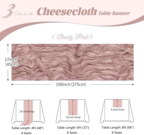 3 Pack Dusty Pink Cheesecloth Table Runner, 17 x 108 inch, Semi Sheer Boho Cheese Cloth Fabric Table Runner Bulk for Wedding , Birthday, Party, Holiday, Home Decor (Dusty Pink) - Image 3