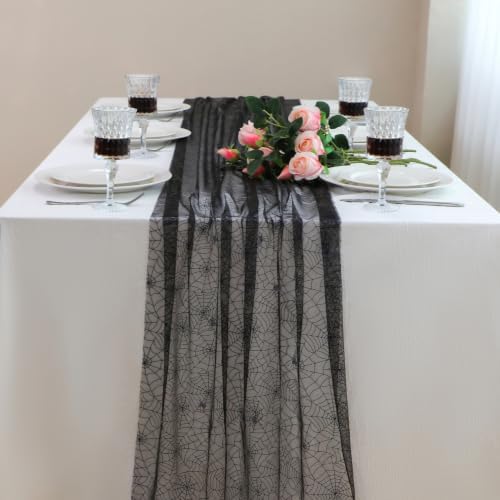 Snowkingdom Halloween Table Runner, 10 FT Black Spider Web Runners Metallic Sequin Sheer Chiffon Gauze Cheesecloth, Black Party Decorations for Halloween Kitchen Dinner Table Birthday Home Indoor by Snowkingdom