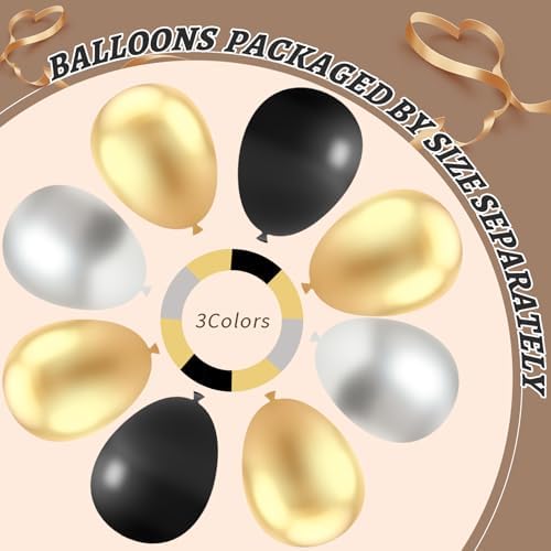 412Pcs Black Gold Silver Balloons Garland Arch Kit,18 12 10 5 Inch Different Size Latex Balloons for Graduation Birthday Wedding Party Decorations - Image 4