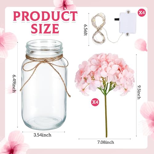 4 Sets Hydrangea Mason Jar Centerpiece with LED Lights for Wedding - Image 2