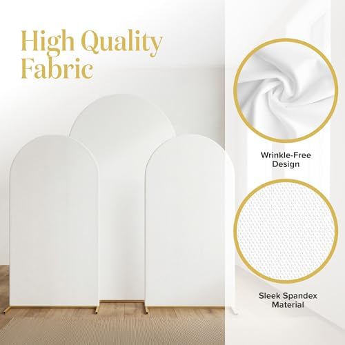 Metal Arch Backdrop Stand and Cover Set – 3 Gold Frames (7.2ft, 6ft x2) with White Wrinkle-Free Spandex Covers, Water Weights, Bags & Case – Wedding, Birthday, Baby Shower, Party Decor - Image 5
