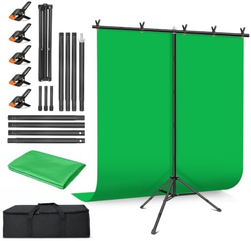 Green Screen Backdrop Kit with Stand for Streaming, 5x7ft Photo Greenscreen Background with Portable T-Shape Stand and 5 Clamps for Photography Photoshoot, Studio Video Recording by JEBUTU