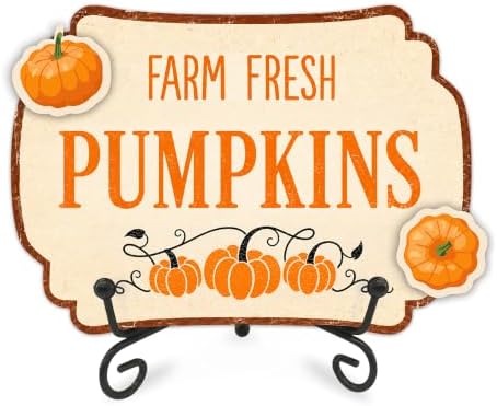 Fall Table Sign 5x7 Inch Autumn Decor, Rustic Party Centerpiece with Metal Stand & 2 DIY Stickable Wood Decor, Farm Fresh Pumpkins Thanksgiving Table Decoration for Home & Party Display - B04 by AMHGLW
