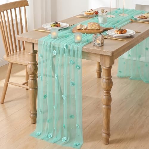 Artoid Mode Turquoise Flower Pearl Gauze Table Runner 10FT, Seasonal Sheer Dining Holiday Wedding Birthday Baby Shower Table Decor for Home Party - Image 4
