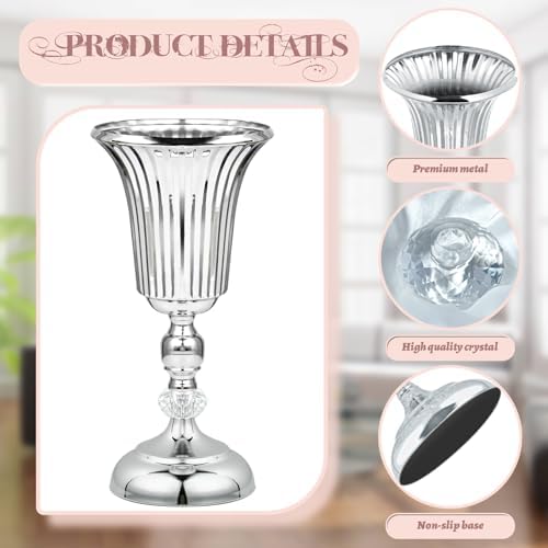 2PCS Silver Metal Flower Trumpet Stripe Vases Crystal Table Centerpieces Artificial Flower Arrangements for Anniversary Celebration/Wedding/Party/Birthday Event Aisle Home Decor - Image 3