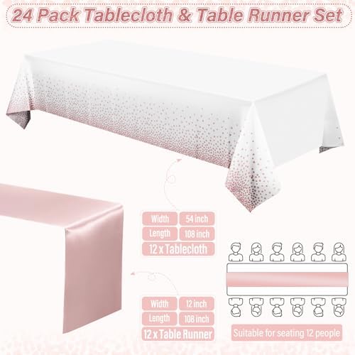 24 Pack Rose Gold Tablecloth and Table Runner Set Party Decorations, White and Rose Gold Plastic Disposable Tablecloth and Satin Table Runner for Wedding Birthday Bridal Graduation Anniversary Party - Image 2
