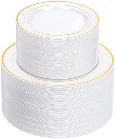 NOCCUR 200PCS Gold Plastic Plates - 100 Dinner / 100 Dessert Disposable Plates Heavy Duty - Ideal for Wedding/Party/Fall/Thanksgiving by NOCCUR