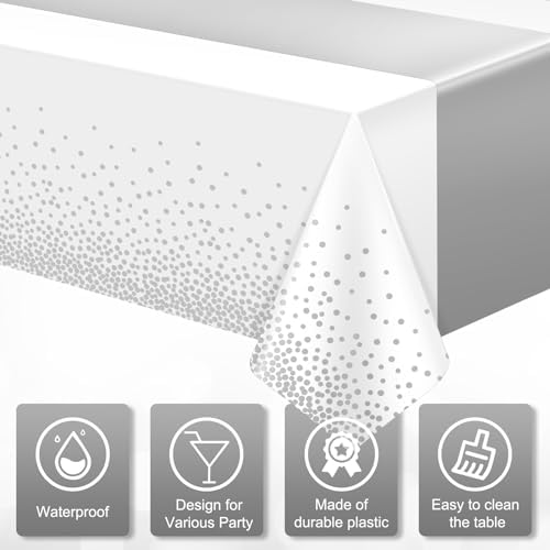 MASHAN 6Pcs White and Silver Polka Dot Plastic Tablecloth, 54x108 Inch, Rectangular, Waterproof, Spill-proof, Stain Resistant, Ideal for Various Themed Parties, 6 Count - Image 3