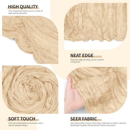 4 Pack Beige Cheesecloth Table Runner 10Ft, Gauze Table Runners 21.5 x 120 inch,Semi Sheer Cheese Cloth Fabric Runner Bulk for Wedding,Party,Baby Shower,Bridal Shower - Image 3