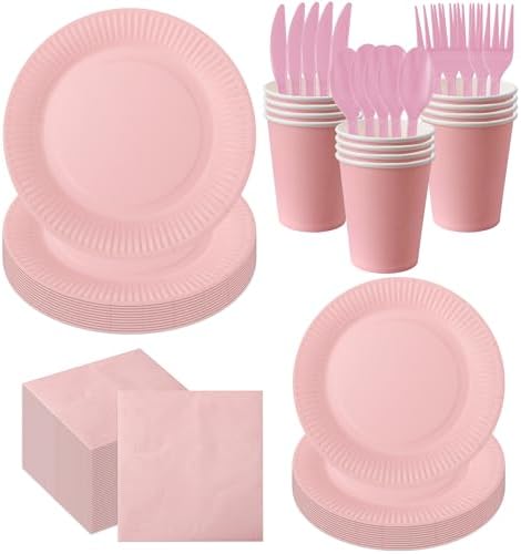 210pcs Pink Plates And Cups Disposable Tableware Party Supplies -Plastic Silverware, Paper Cups And Plates Serves 30 (Pink) by Sveikie