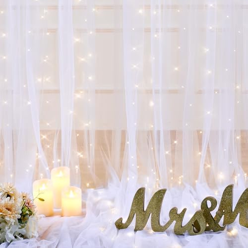 White Tulle Backdrop Curtain with Lights String for Parties Wedding Bridal Shower Sheer White Curtain Backdrop for Birthday Baby Shower Photo Booth Photography Background Decorations 10ft x 8ft - Image 6