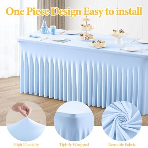 Shillance 2 Pack Baby Blue Spandex Table Clothes for 8 Foot Rectangle Tables, Wrinkle Free Fitted Tablecloths Stretch Ruffles Table Cover for Party, Banquet, Wedding and Events - Image 2