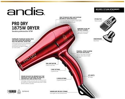 Andis 30245 1875W Tourmaline Ceramic Ionic Pro Dry Professional Hair Dryer with 3 Heat Settings/2 Speed Settings- Red - Image 3