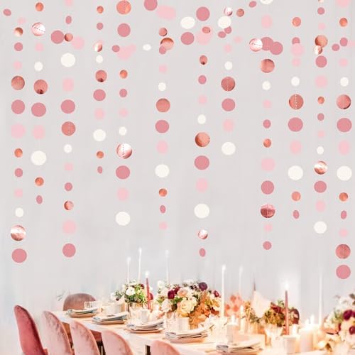 Rose Gold Party Decorations Dusty Pink Circle Dots Garland Blush Pink Hanging Paper Polka Dot Streamer for Birthday Wedding Bridal Shower Bachelorette Engagement Anniversary Party Supplies - Image 5