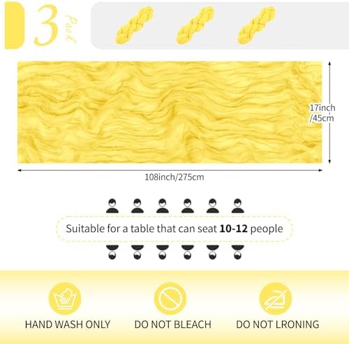 3 Pack Lemon Yellow Cheesecloth Table Runner 17x108 Inch Semi Sheer Boho Gauze Cheese Cloth Fabric Table Runners Table Decor for Wedding Party Baby Shower Birthday Home Decor Garden Farmhouse - Image 2