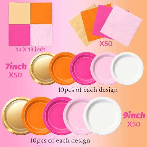 CMUSKO Pink and Orange Party Decorations - 150Pcs Sunset Tropical Plates and Napkins Pink Pumpkin Halloween Tableware Serves 50 for Birthday,Baby Shower, Bachelorette Party - Image 4