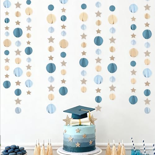 Dusty Blue Champagne Gold Beige 3D Polka Dot Star Hanging Streamer Circle Dot Star Garland Banner for Birthday Bridal Shower Wedding Engagement Nautical Party Decorations Supplies - Image 7