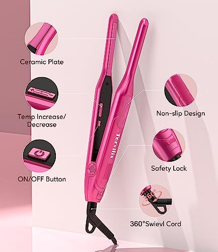 Terviiix Mini Flat Iron and Hair Straightener for Short Hair, Edges, and Pixie Cut - 3/10 Inch Skinny Pencil Straightener for Black Women's Baby Hair, LCD Digital Display, Dual Voltage, Pink - Image 6