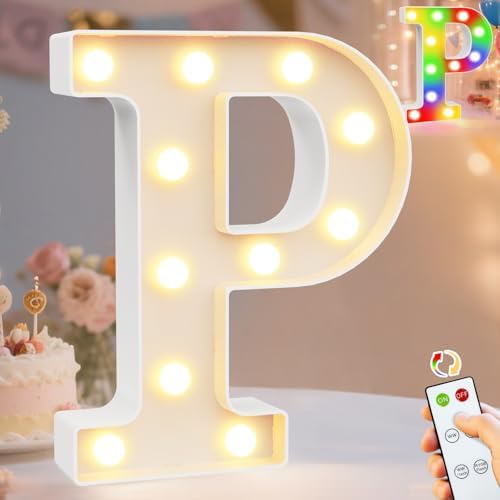 Pooqla LED Light Up Letters, Warm White and Colorful Lighted Marquee Letters with Remote, Lighted Letter for Party Birthday Decorations, Gift for Girls Boys Night Light, Wedding Home Decor, Letter P by Pooqla