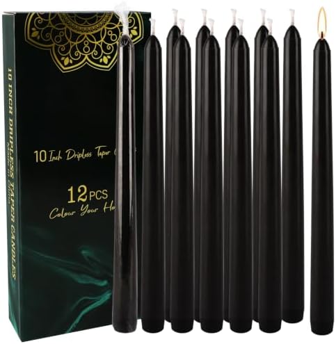 12 Pack 10 Inch Black Taper Candles - Dripless Smokeless Unscented for Wedding, Halloween & Home Decor by ECLHTLNY