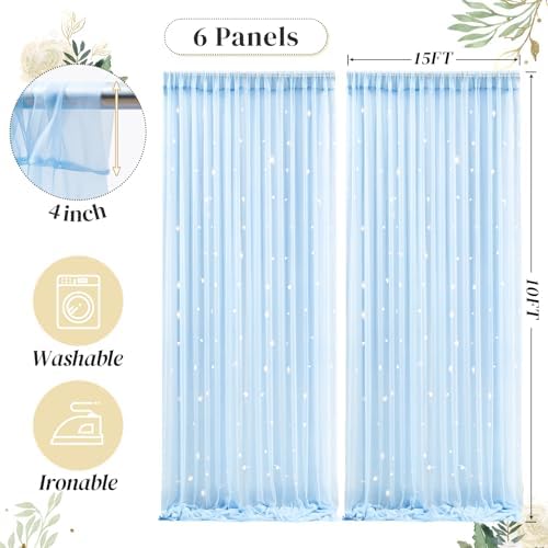 30ft x 10ft Blue Backdrop Curtain with Lights String for Parties, Sheer Tulle Wedding Photo Backdrops Drapes for Baby Shower Birthday Party Decorations Background for Photography - Image 5