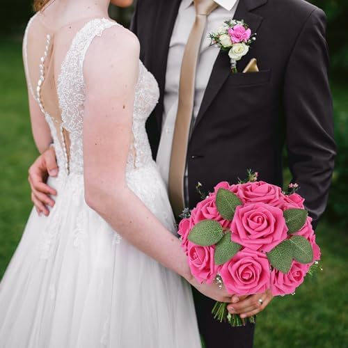 AmyHomie Hot Pink Rose 25pcs Real Looking Artificial Flowers w/Stem - Image 3