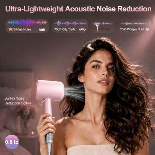 High Speed Hair Dryer with Magnetic Nozzle, Smart Hot & Cold Cycle Ionic Blow Dryer, Low Noise Lightweight Travel Pink Hairdryer, 105K RPM Brushless Motor for Fast Drying - Image 6