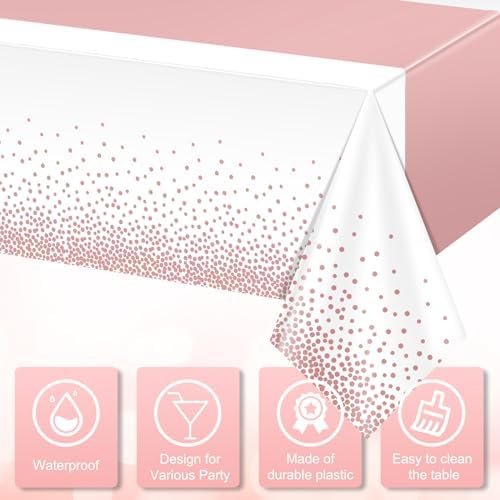 1Pcs White and Rose Gold Tablecloth Party Decorations,Plastic White Table Cloth Printed Rose Gold Table Runner Disposable Rectangle Cover for Birthday Anniversary Wedding Grad Party,54 x108 Inch - Image 3