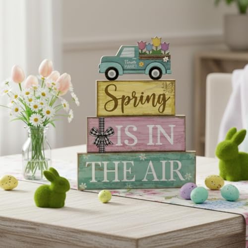Moucuny 4 Pcs Spring Wooden Block Signs Farmhouse Table Centerpiece - Image 5