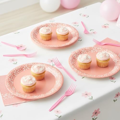 96Pcs Pink Platos De Barro Mexicanos Cielito Lindo Terracotta Clay Party Plates Supplies Tableware Decorations Disposable Paper Plates Napkins Forks for Birthday Baby Shower, Serves 24 - Image 5