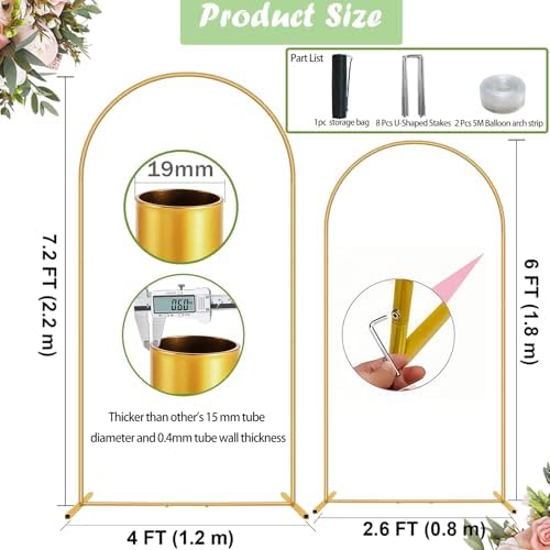 2 Pack Metal Arch Backdrop Stand 7.2FT, 6FT Wedding Balloon Floral Frame - Image 3