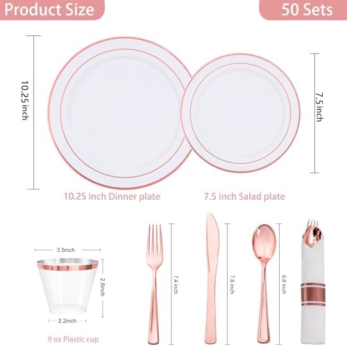 WELLIFE 350Pcs Rose Gold Plastic Plates for 50 Guests - Plastic Dinnerware Set,Party Supplies Includes 100 Rose Gold plates,150 Silverware,50 Napkins,50 Cups for Valentines and Galentines - Image 2