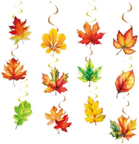 12 PCS Maple Leaf Hanging Swirls Decor, Fall Party Decorations for Thanksgiving Autumn Harvest Birthday Party, Ceiling Hanging Ornaments for Home Wall Fireplace Mantel Decoration by JODIDI