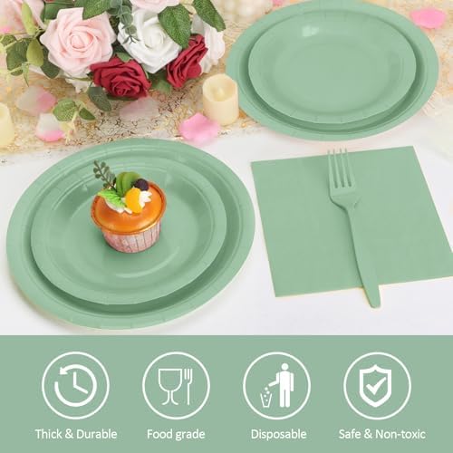Sage Green Plates Party Decorations, Include 9’’Disposable Sage Green Paper Plates, 7’’Dessert Plate and Napkins and Cups Forks Party Supplies for Baby Showers, Birthday, Wedding, Serves 50 - Image 4