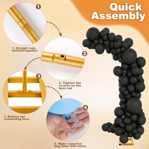 Balloon Arch Stand Kit Set with 145PCS Different Sizes Black Balloons – Metal Wedding Backdrop Frame with 8 Water Bags, Gold Semi-Open Arch for Birthday, Party Decorations Indoor Outdoor. - Image 3