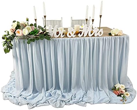 Pooling and Floating Chiffon Table Skirt with extra length, 6FT 9FT 14FT Sheer Tablecloth, Baby Shower, Birthdays Party, Main Cake Table Decoration, Wdding Table Skirt (Blue, 9FT) by EHLDekol
