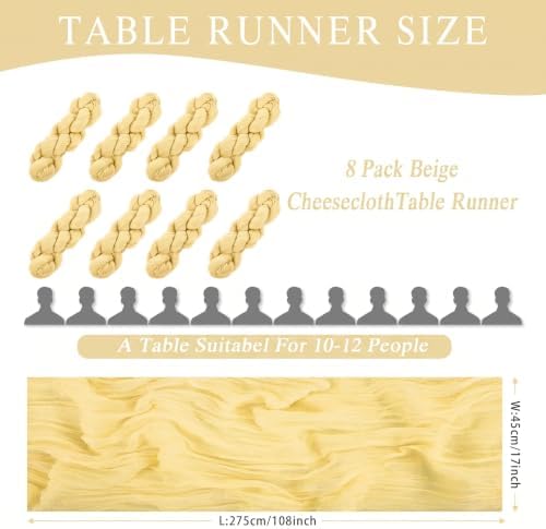 8 Pack Light Yellow Cheesecloth Table Runner 17x108 inch Boho Gauze Cheese Cloth Table Runners for Wedding Party Baby Bridal Shower Home Decor - Image 2