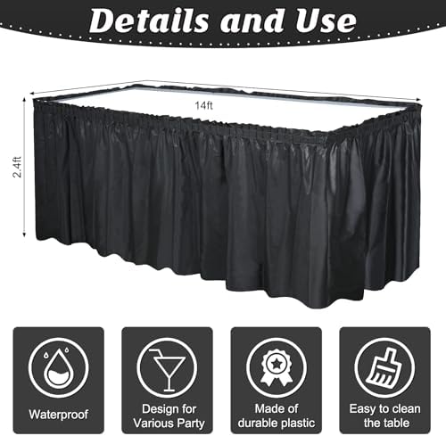 1 Pack Black Table Skirt Party Decorations, Black Plastic Table Skirts, Disposable Table Decorations for Banquet Birthday Wedding Gender Reveal Graduation Party Supplies Decorations, 2.4 x 14 Ft - Image 2