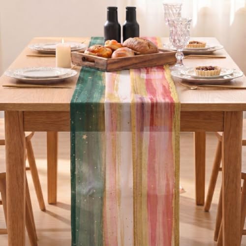 Artoid Mode Boho Green Red Stripes Christmas Chiffon Table Runner 120 Inches 10FT,Seasonal Fabric Kitchen Dining Holiday Table Decor for Home Party - Image 3