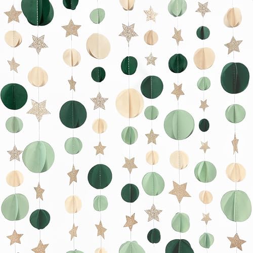 Champagne Gold Sage Green Beige 3D Polka Dot Star Hanging Streamer Circle Dot Star Garland Banner for Neutral Birthday Wedding Engagement Safari Jungle Woodland Party Decorations Supplies by pinkblume