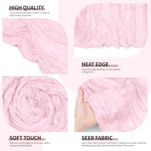 4 Pack Light Pink Cheesecloth Table Runner 10Ft, Boho Table Runners 21.5 x 120 inch,Semi Sheer Cheese Cloth Fabric Runner Bulk for Wedding,Party,Baby Shower,Bridal Shower - Image 3