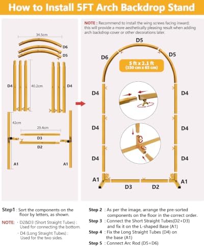 Wedding Arch Backdrop Stand 5FT, 6FT Gold Metal Arch Stand Set of 2, Balloon Arch Stand for Wedding Baby Shower Birthday Ceremony Party Graduation Decoration - Image 7